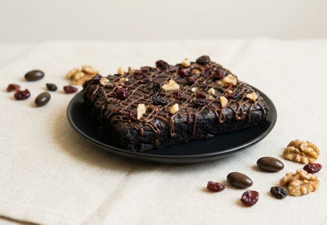 Black Forest Fudgy Brownies with dried cranberries and roasted walnut